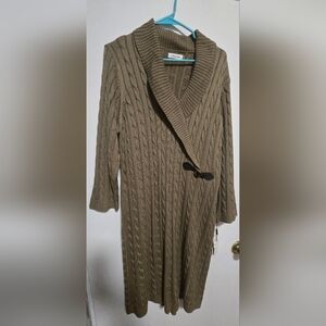 Calvin Klein Olive Brown Cable Knit Shawl Collar Cardigan Dress